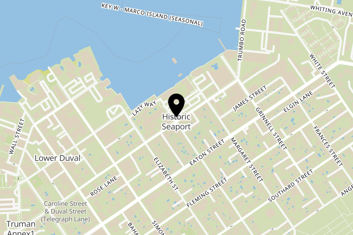 Map showing the location of B.O.'s Fish Wagon on 801 Caroline St in Key West
